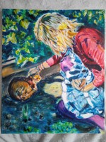 Kortárs festmény : Lány macskával - 60 cm x 50 cm  - akril, vaszon