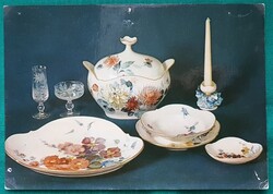 Meisseni porcelánmanufaktúra bemutató, virágos porcelán étkészlet, postatiszta képeslap