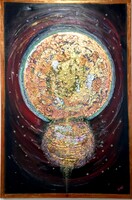 Prima díjas művésztől 120x80cm, ÚJ VILÁG SZÜLETÉSE c. zománckép laparannyal. Károlyfi Zsófia /1952