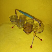 Retro, likőrös, pálinkás, felespohár készlet fém tartóval.