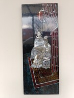 Antik kínai gyöngyház berakásos festett buddhista buddha fekete lakk fali kép 865 6348