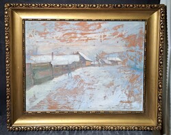 Feltehetőleg Moldován István: Téli utcakép - kvalitásos olajfestmény, arany keretben