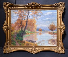 1 FT-RÓL! Némethy Miklós: Őszi táj csónakkal - olaj-vászon, szép keretben! Napsütötte vízparti táj