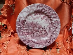 Angol jelenetes porcelán nagy lapos kínáló tál,  pink