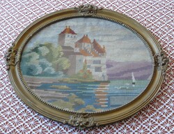 Antik ovális blondel keret  gobelin képpel