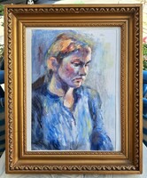 AKCIÓ! Női portré, széles arany keretben! szignózott kortárs festmény, 2000-es évek