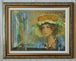 Budai László "Ablakban" c. festmény gyönyörű dupla keretben ingyen postával