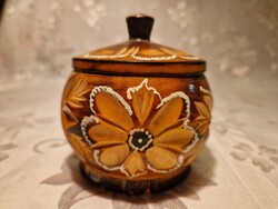Régi, fából faragott, kézzel festett fedeles tároló 9 cm x 9 cm