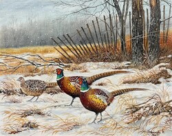 Dabronaki Fácánok hóesésben 40x50 cm olaj-vászon