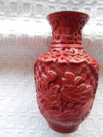 Antik  kínai cinóber (faragott vöröslakk) + zománc  váza 10 cm
