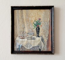 Nívós polgári csendélet 1937-ből – Jelzett, egyedi vegyes technika, korabeli keretben