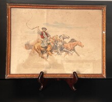 Lovas ménes- Terelés - vágta - csikós legény ostorral akvarell kép keretben