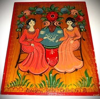 RETRO 1989 -CCCP -GORODEC - Tradícionális Népművész kézzel festett lakkozott falikép 20 x 16 cm