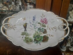 TK.Gróf Thun 1830-1895 Kézi Festett,Aranyozott Virág,Madár Mintás Porcelán Kínáló,Asztalközép.36 cm.