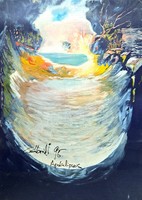 AKCIÓ! Apokalipszis - kortárs modern kép, olajfestmény Csábrádi jelzéssel, 1990-es évek