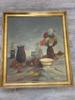 Csendélet virágokkal és gyümölcsökkel – olajfestmény, aranyozott keretben