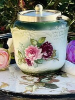 Antik angol fajansz keksz & bonbon tartó ezüstözött tetővel és megfogóval.