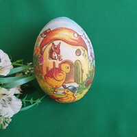 Húsvéti, nyuszi és csibe mintás, tojás alakú papírmasé ajándékdoboz, tartó