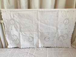 TERÍTŐ - HÍMZETT - KÉZIMUNKA - 96 x 86 cm - LENVÁSZON - RÉGI - pici lyuk