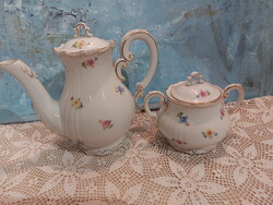 Zsolnay arany szélű, barokkos, gyönyörű virágos, kávés kiöntő és cukortartó