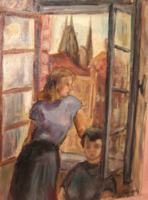 CSODÁS NAGYMÉRETŰ SZIGNÓZOTT ANTIK FESTMÉNY : ABLAKNÁL