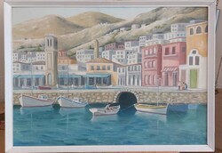Posta József szép kikötő festménye  73x52 cm kerettel