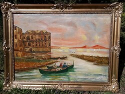Festmény, olasz, Nápoly, tenger, csónak...