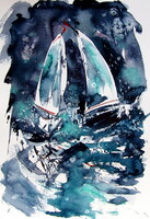 Kovács Anna Brigitta: Sailboat at storm -  watercolor painting - Vitorlás a viharban