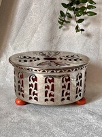 Különleges antik áttört ezüst színű fém teáskanna melegítő piros üvegbetéttel vintage dekoráció