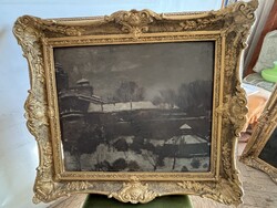 Szüle Péter (1916–1997): Téli városrészlet – eredeti olajfestmény, 50×60 cm, régi keretben