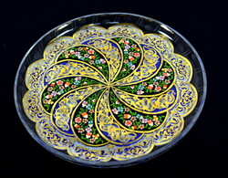 XX. sz. első fele Paşabahçe "Çeşm-i Bülbül" török kézzel festett KRISTÁLY DÍSZ ÜVEG TÁL