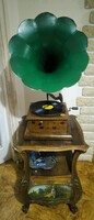 Antik Szecesszió tölcséres Gramofon.Gramophone Pathephone Francia szép àllapot. Film színház kellék!