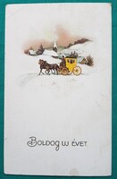 Antik karácsonyi üdvözlő képeslap, falu, lovaskocsi