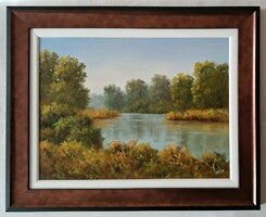 Lantos György "Szigetköz" c. olajfestménye minőségi, dupla keretben