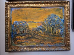 JÁK PÉTER 2025 o/v 41X30 cm "Narancs este" -antik szecessziós kerettel