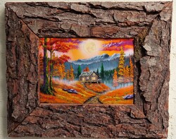 Az erdő kapuja (akrilfestmény kéregkeretben)