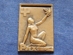 "PAX" érem, svájci kereszt, nő békegalambbal, kb. 1920 - 30 x 45 mm-es bronz érem (Huguenin)
