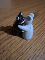 Porcelán Ritka macska/cica és egér alakú ölelkező só és borsszóró dugójukkal párban.