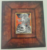 Szász Endre Hollóházy Porcelán fali kép bőr keretben