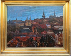 Pogány Géza (1927-2001) : Budai tornyok,Képcsarnokos,60x80 cm.