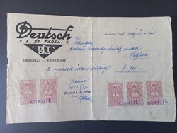 1943 Orosháza Deutsch L. és Társa számla 5 db illetékbélyeggel