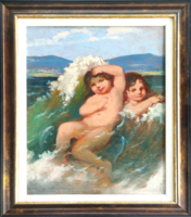 Veress Zoltán Balatoni fürdőzés !1924! olaj Öröm Balaton! Vagány kép