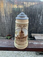 Sitzendorf porcelán söröskorsó, ónfedéllel.