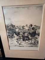 Deák Ébner Lajos - Prihoda István "Vásárban" című rézkarca keretben