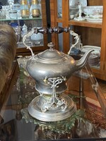 ANTIK TEAFÖZŐ ÁLLVÁNY, FÉM, ALPAKKA TEÁSKANNA, FA FOGANTYÚVAL SPIRITUSZ LÁNGGAL 24 CM