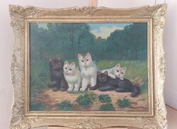 Szép szignózott festmény cicákkal 96x77 cm kerettel