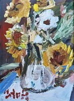 Festmény (AK/02) - BÁNFI : CSENDÉLET (olaj, farost, keretben, asztali kitámaszható, 17x22  cm)