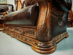 Gyönyörű prémium minőségű tölgyfavázas ágyazható bőr ülőgarnitúra antikolt barna színben