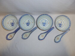 Kínai porcelán készlet - négy darab rizses, leveses tál + négy darab kanál