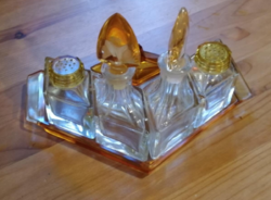 Art deco asztali fűszer kínáló, borostyán, és fehér színű üvegből